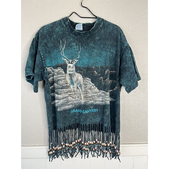 Vtg Fringe Beaded Grand Canyon Acid Wash Teal Shirt Large Elk Single Stitch 90s - Picture 2 of 13